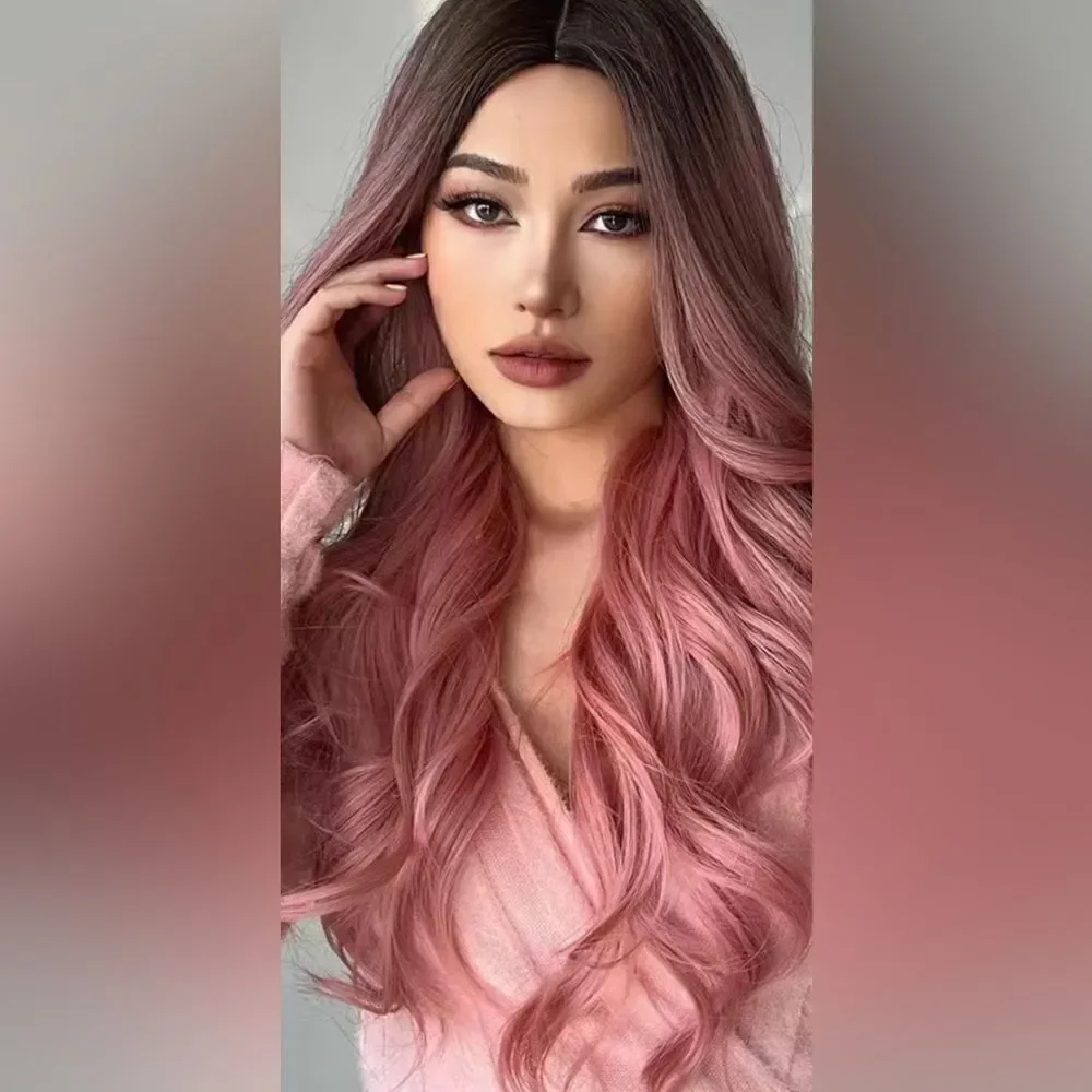 🔥🔥 Blonde unicorn pink curly long 26 inch wig ,darker roots as seen in pics.